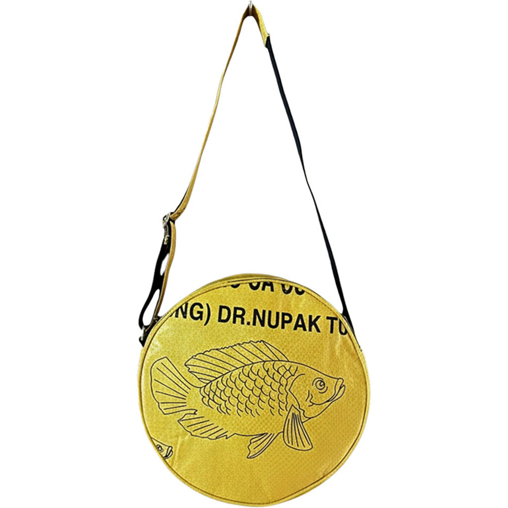 Yellow circular bag with fish design and text on a white background