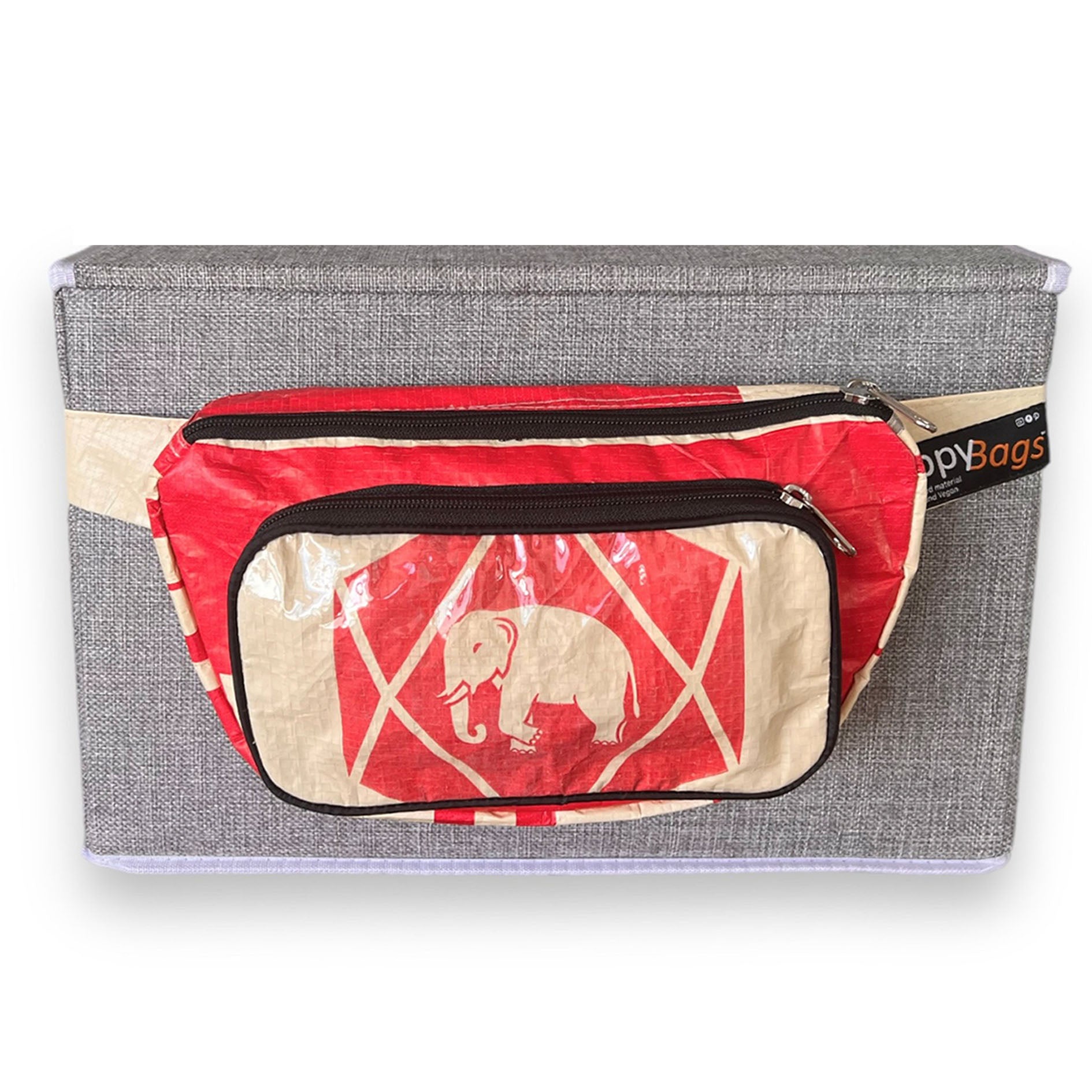 Recycled material bumbag with elephant , recycled bags uk, sustainable bumabag with elephant print UppyBags  Edit alt text