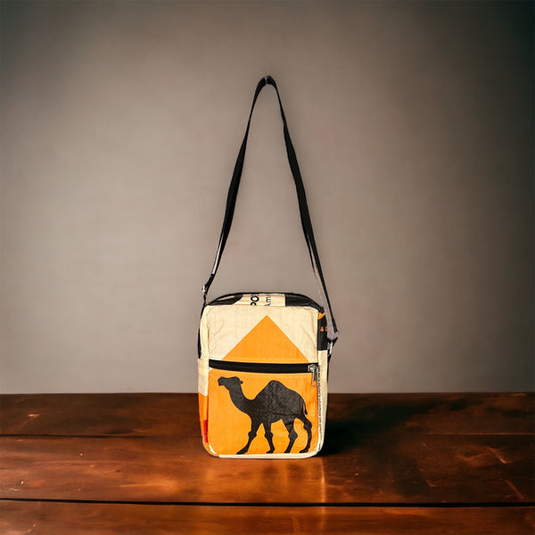 Recycled material crossbody city pouch animal print, camel print
