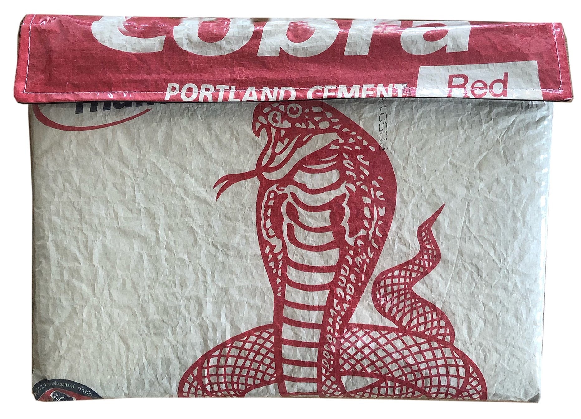 A 15 inch laptop cover with a red background and a cobra print design. Sustainable accessories