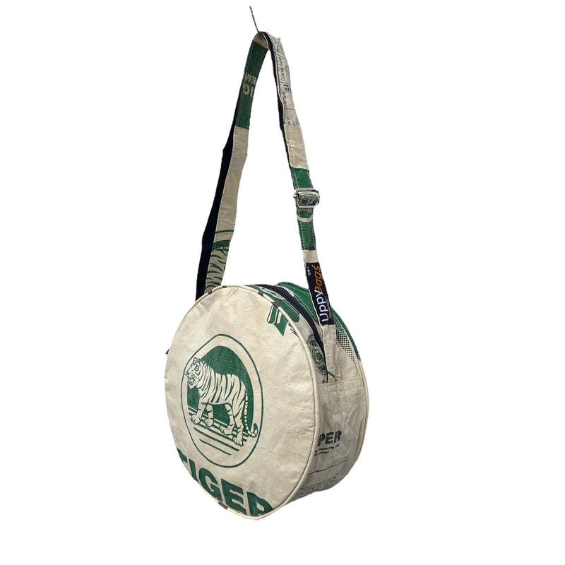 Round small recycled material shoulder bag UK with animal print tiger print