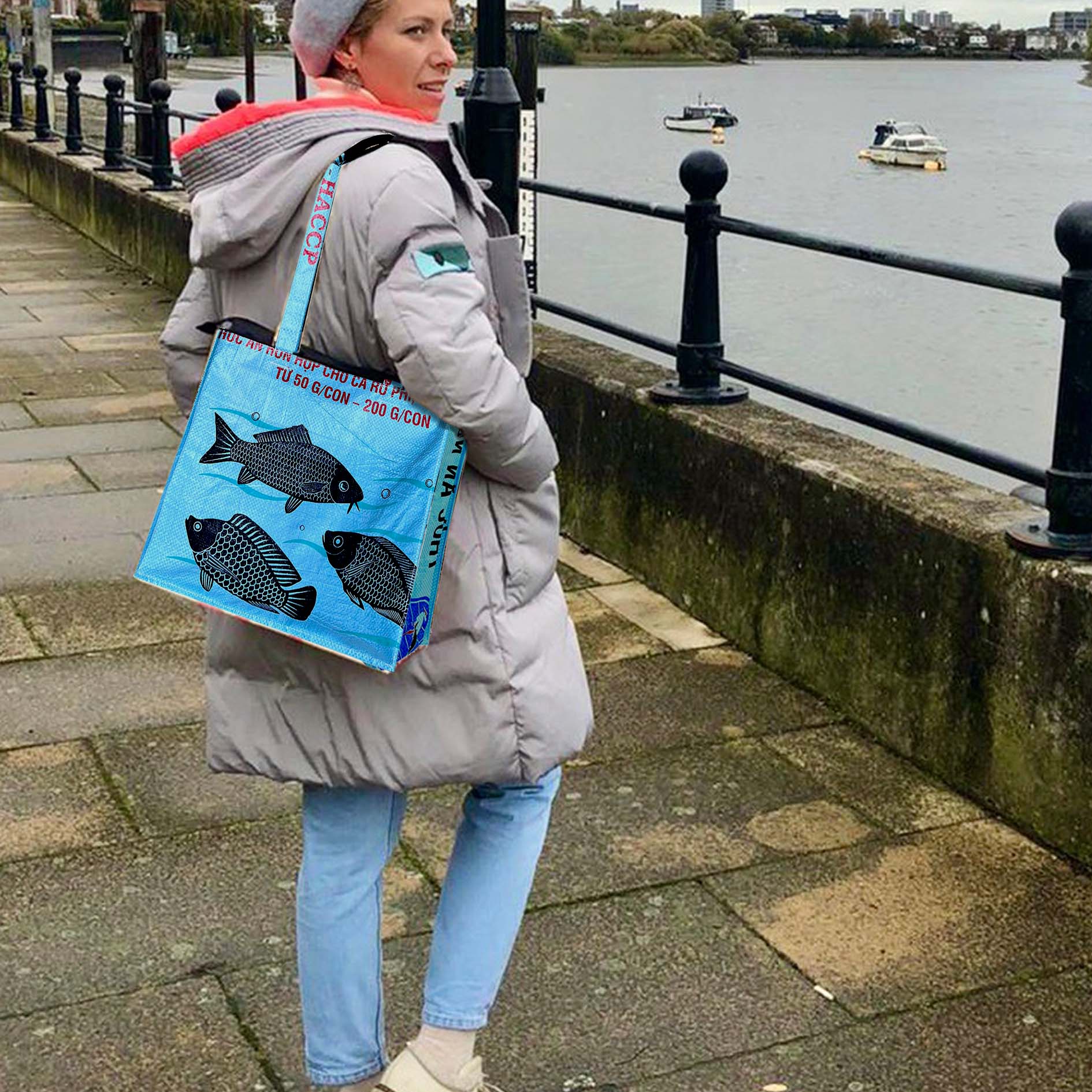 Recycled material blue tote shoulder bag by uppybags, recycled material shoulder bag uk, fish print, blue bag  Edit alt text
