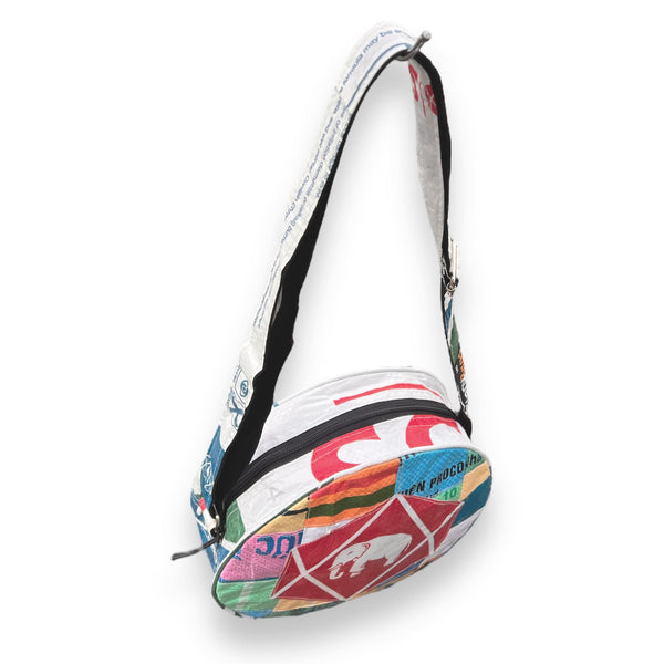 Funky recycled material multicolour round bag with animal print  Edit alt text